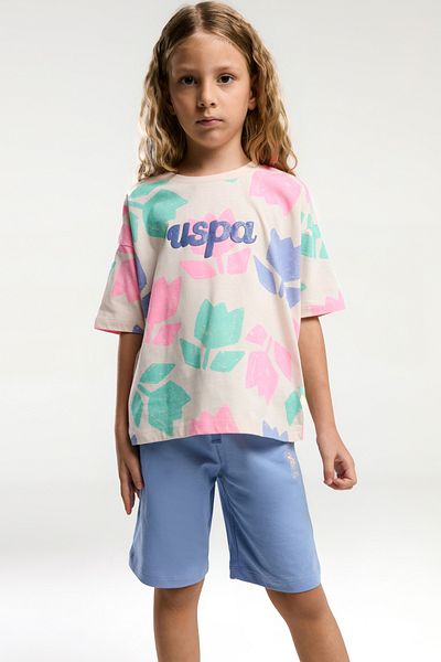 U.S. Polo Assn. Uspa Licensed 4-14 Years Old 100% Cotton Fabric Digital Printing Crew Neck Girls Bottom-Top Shorts Set
