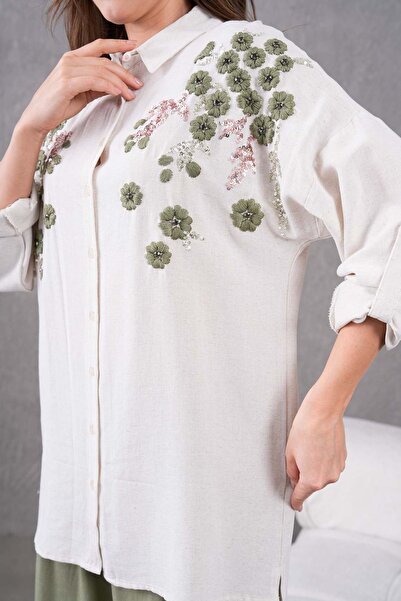 MVStore Жіноча сорочка з вишивкою у вигляді квіткового візерунка та каменями на льоні