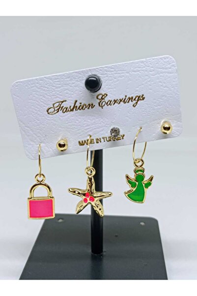 mama india alaçatı Gold Color Zircon Stone Lock, Starfish and Angel Figured 6...