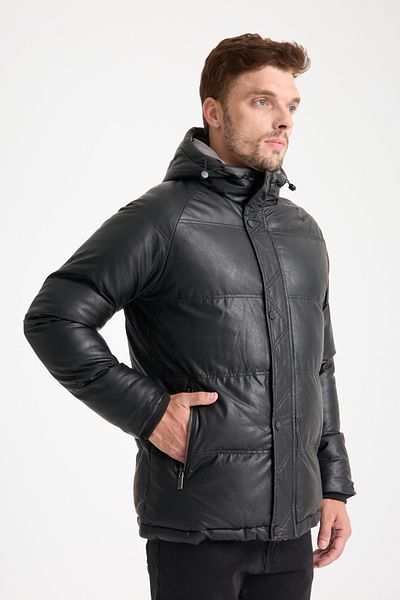 DYNAMO Men's Black Fixed Hooded Faux Leather Puffer Coat