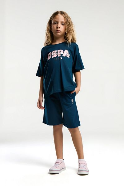 U.S. Polo Assn. Uspa Licensed 4-14 Years Old 100% Cotton Fabric Digital Printing Crew Neck Girls Bottom-Top Shorts Set