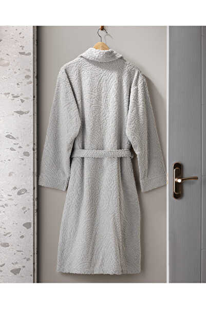 Madame Coco Bernay %100 Pamuk Jakarlı Unisex Şalyaka Bornoz - Gri - Natural Koleksiyon