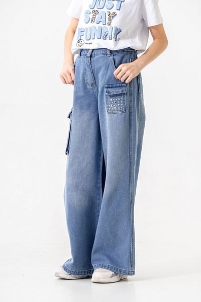 GİYİCEM TEKSTİL Girl's Pocket Stone Denim Trousers 2201