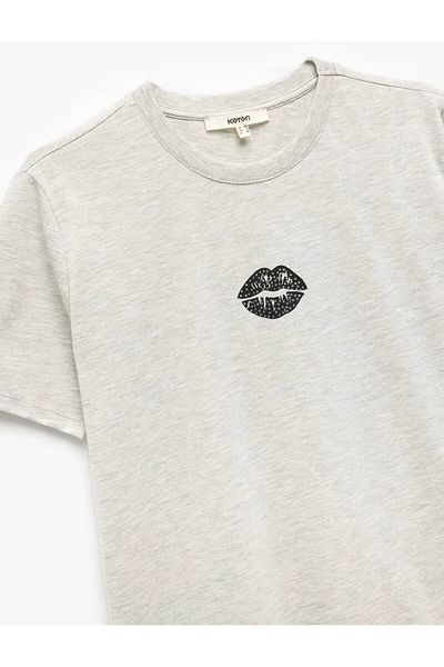 Koton Crew Neck Short Sleeve Printed Gray Women's T-Shirt 5Sak50141Ek