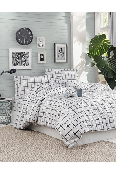 MORRİVAL طقم غطاء لحاف ملاءة مطاطية مقاس 120×200 مربعات بيضاء مفردة، 3 قطع