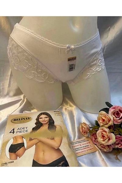 Belinay Women's 4 Pack White Polyamide Edges Flower Lace Detailed Full Lycra Modal High Waist Panties