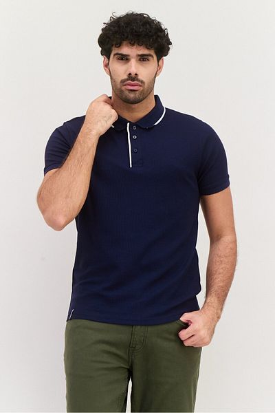 Threadbare Men Regular Fit Textured Short Sleeves Polo Shirt, Dark Navy