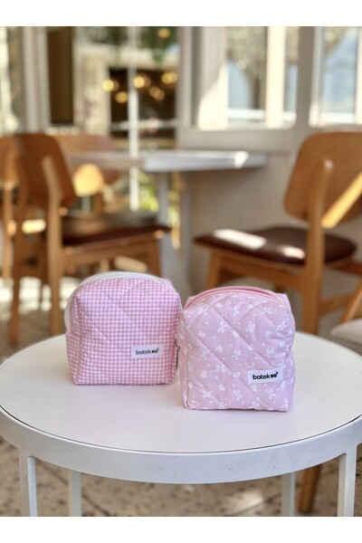 Batekso 2-Piece Pink Ribbon and Pink Square Patterned Makeup Bag - Small Size