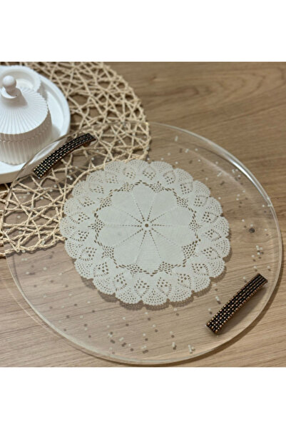 Pelince Epoksi Reçine Nişan Tepsisi - Dantel ve İncili - Düz Kulp - Çap: 30 cm
