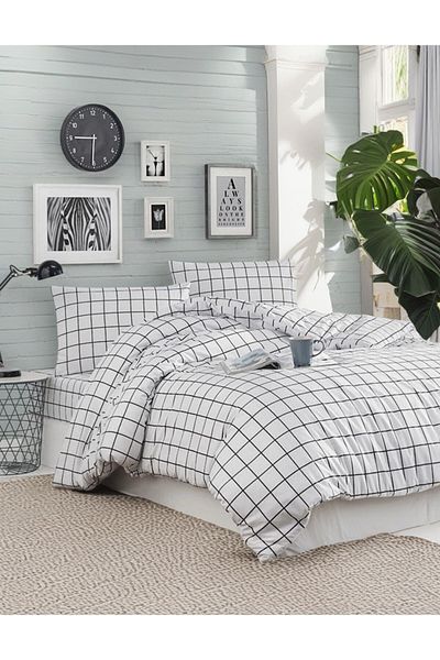 MORRİVAL SET CUvertură de pilota cu cearșafuri elastice, 90X190, în carouri albe, 3 buc.