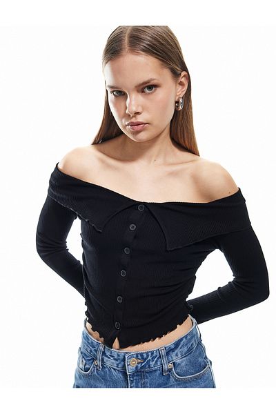 Koton Viscose Off Shoulder Camisole Buttoned Viscose Long Sleeve T-Shirt