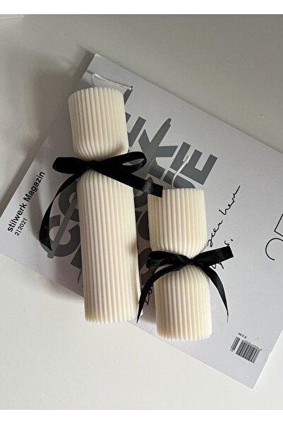 LALEZEN HOME Dekoratif 2 Li Kurdeleli Blok Mum Seti Çizgili Desenli