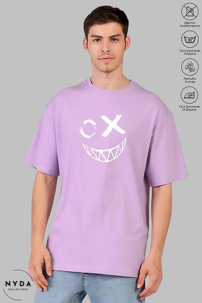 Nyda Collections Unisex Crew Neck Emoji εμπριμέ βαμβακερό μπλουζάκι με κοντό μανίκι