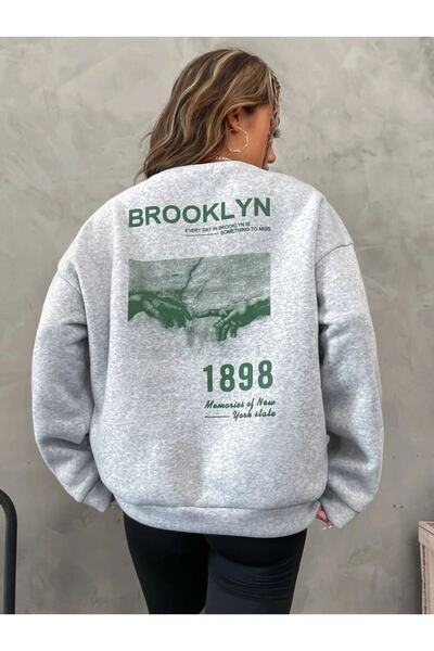 WNWGKN سويت شيرت Trendpunky ذو طباعة خلفية بروكلين باللون الرمادي للجنسين ذو ...