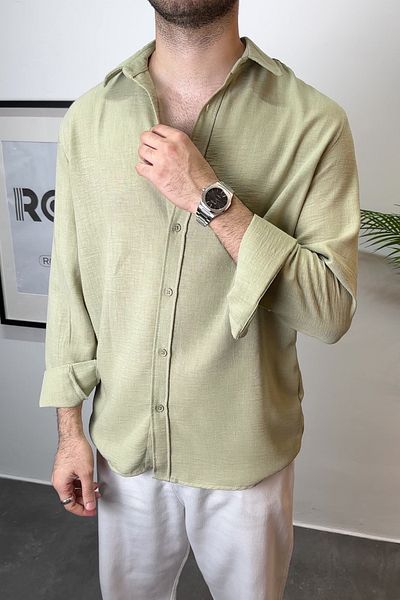 ROY501 Men's Oversize Cut Linen Shirt Men's Linen Shirt Thin Solid Long Sleeve Summer Shirt