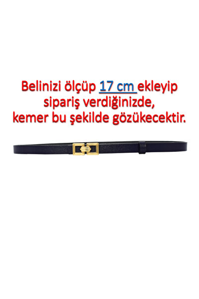 GoDeri %100 Hakiki Deri, Gold Renk Tokalı İnce 2 cm Lacivert Kadın Elbise, Pantolon Kemeri; kare+kare