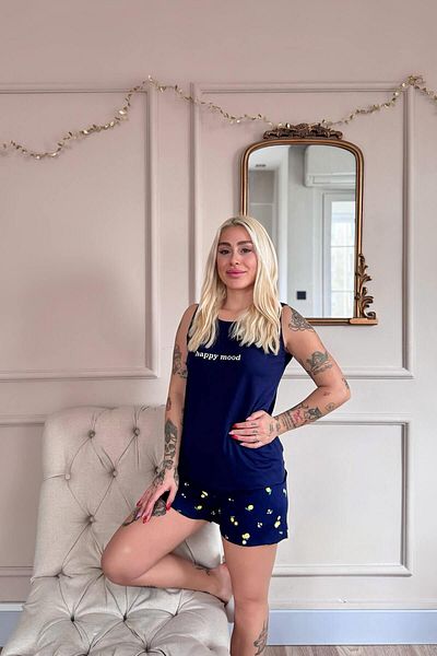 Pijamaevi Navy Blue Happy Mood Patterned Bamboo Women's Pajama Set with Zero Sleeve Shorts