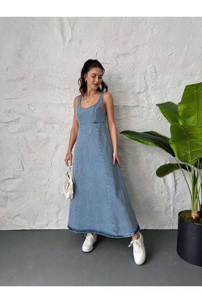 Elif Özbey Butik Rochie lungă de jeans cu cusături albastre