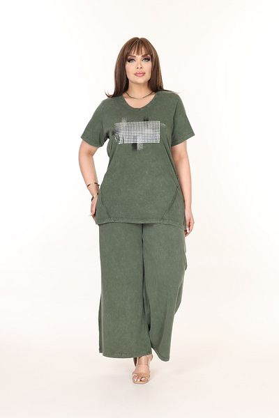 özle fashion Large Size Bottom and Top Set with Rhinestone and Print Detail