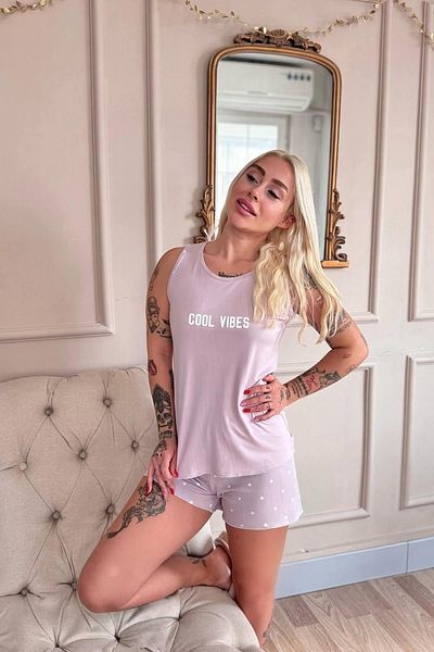 Pijamaevi Lilac Cool Vibes Patterned Bamboo Women's Pajamas Set with Zero Sleeve Shorts