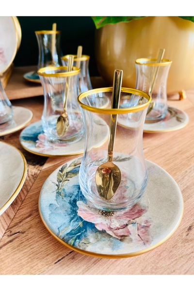 CASA DE BELLA Pink 12 Parça 6 Kişilik Yaldızlı Çay Seti(6 Çay Tabağı+6 Çay Ba...