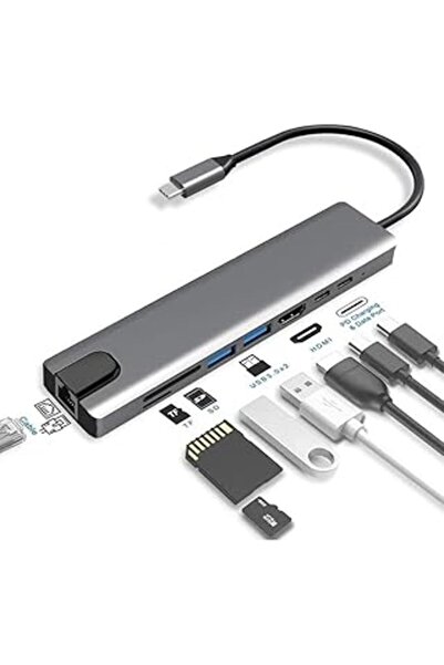 Genel Markalar Macbook Pro Air İÇin Usb Type-C Hub Dönüştürücü 8 In 1 Çoklayı...