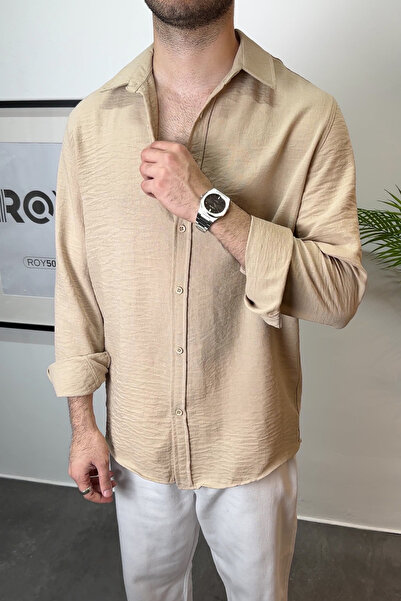 ROY501 Erkek Oversize Kesim Keten Gömlek Erkek Keten Gömlek İnce Düz Uzun Kol...