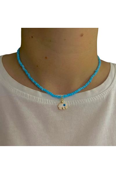 DHDmoda White Elephant Necklace with Blue Beads