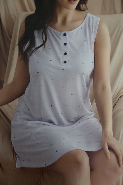 Pijamoni Wide Strap Zero Collar Lila Mini Patterned Nightgown