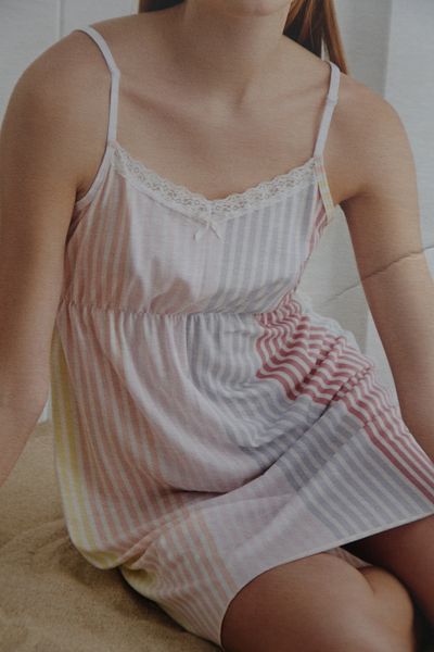 Pijamoni V-Neck Lace Detailled Colorful Striped Nightgown with Ip Straps