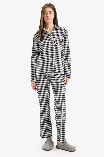 DeFacto New Season Pajama Set Checked Long Sleeve Top Stretchy Waisted Long Bottom Six-Fall in Love