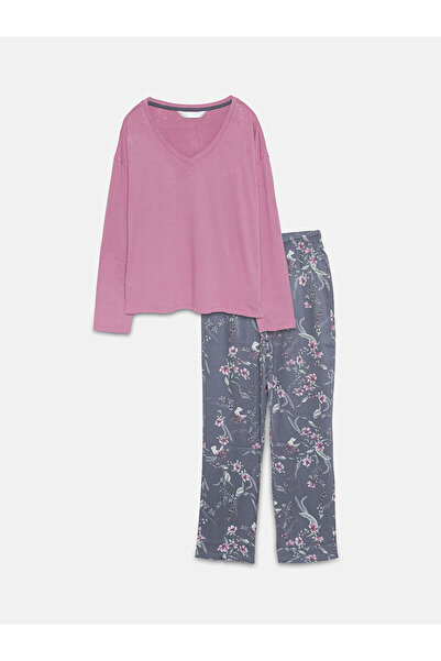 LC Waikiki Anthracite Crew Neck Floral Long Sleeve Women's Pajama Set