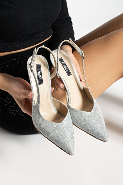 es exello Pantofi cu toc înalt și subțire Kylie Back Open Silver Glitter