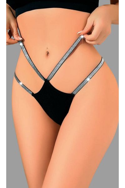 Cooqpoo Black S/M - L/Xl Size 2 Row Full Stone Thong Women's Panties