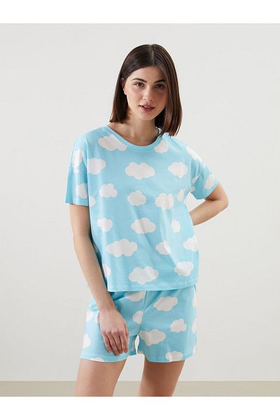 LC Waikiki Set de pijamale de damă cu imprimeu cu gât crew și pantaloni scurți