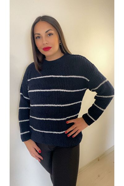Tara Butik Navy Blue and White Striped Thessaloniki Knitted Knitwear Sweater