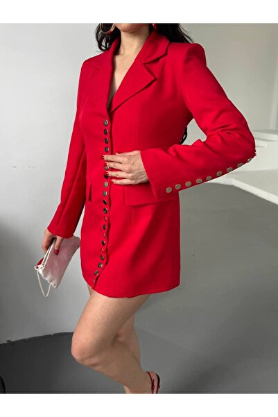 buqre's moda Trend Women's Gold Snap Detailed Design Long Blazer Jacket