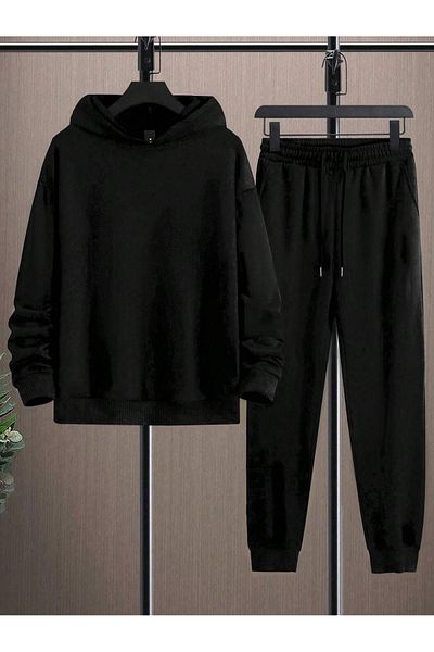 LOLOX Unisex Black Hooded Bottom Top Tracksuit Set