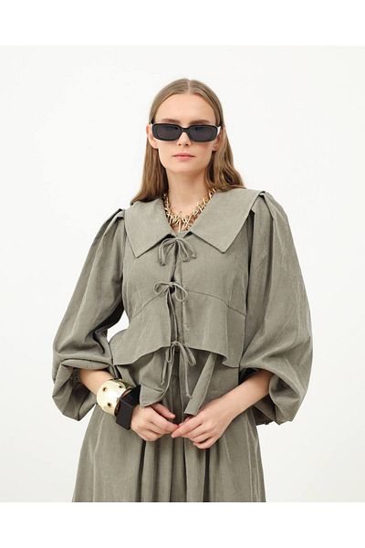 Molly Nelly Women's Suede Shawl Collar Long Sleeve Khaki Blouse Skirt Set