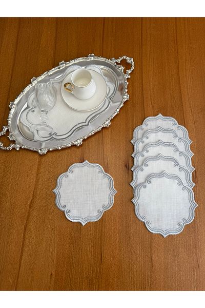 Smiling Home 6 bucăți de in, culoare argintie, șervețel de prezentare cu model de iederă și 1 bucă de cârpă de tavă cu model de iederă