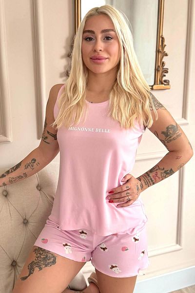 Pijamaevi Light Pink Mignonne Patterned Bamboo Women's Pajama Set with Zero Sleeve Shorts