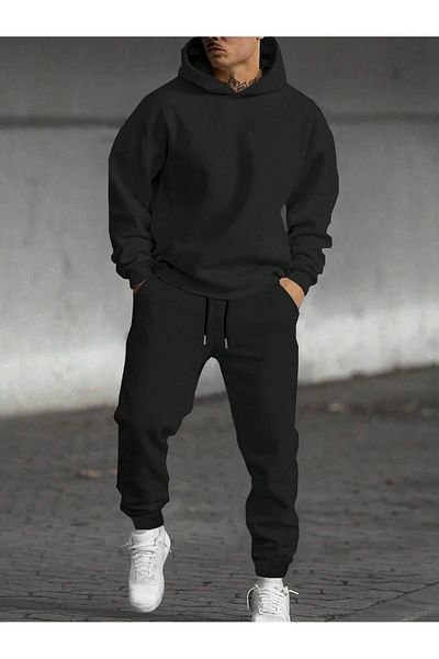 LOLOX Unisex Black Hooded Bottom Top Tracksuit Set