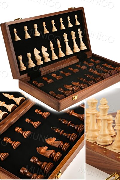 Munico Ahşap Satranç Takımı Katlanır Manyetik Satranç Tahtası Katı Parçalarla...