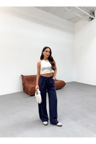 veres Kadın Lacivert Soft Modal Dokuma Kumaş Geniş Paça Beli Lastikli Dökümlü Yazlık Pantolon