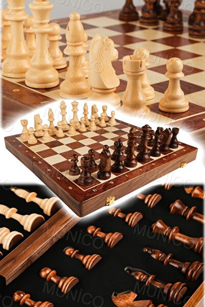 Munico Manyetik Ahşap Katlanır Satranç Seti Keçeli Oyun Tahtası İç Depolama i...