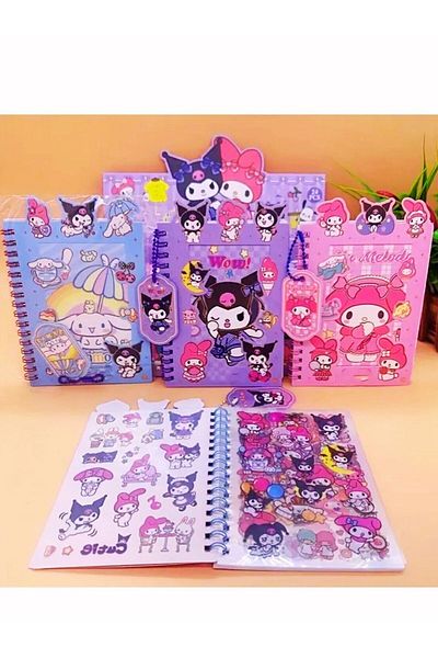 ÖZ OFİS Kuromi My Melody Cinnamoroll Sticker Notebook 16 Sheets Sticker 8 Sheets Notepad Keychain Gift