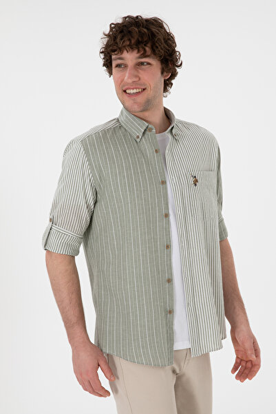 U.S. Polo Assn. Ανδρικό μακρυμάνικο πουκάμισο σκούρο χακί 50299594-VR111