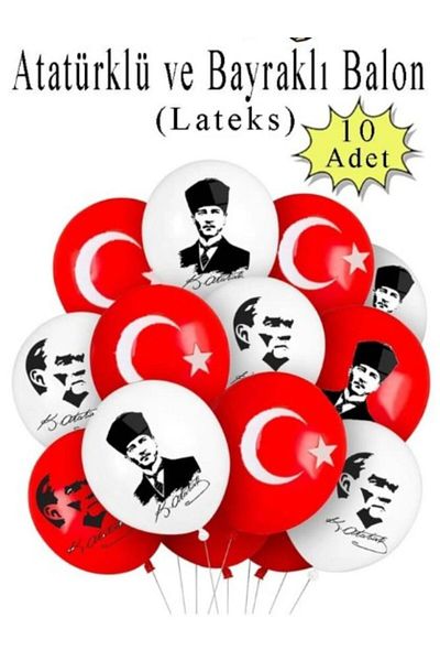 PartAntalya Balloon with Atatürk and Flag 10 Pieces Ata Balloon Decoration 23 April Red White Balloon Flag