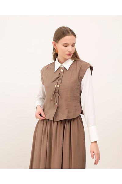 Molly Nelly Women's Summer Tie-Up Brown Vest Skirt Suit