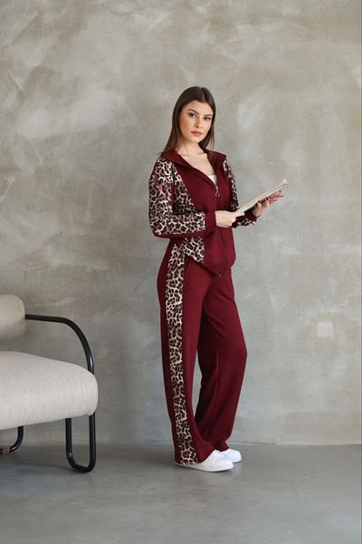 Simala Osy Modal Soft Textured Fabric Hooded Leopard Pattern Zippered Set